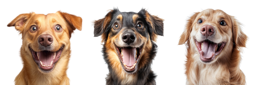 Three joyful dogs with wide smiles, full of excitement and happiness, isolated on transparent background