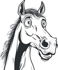 Funny cartoon horse head illustration with expressive big eyes and smiling face in black and white