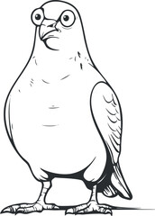 Cartoon lineart illustration of a standing pigeon with large eyes and a funny expression