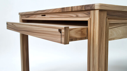 Fototapeta premium A wooden table with a drawer and a white background