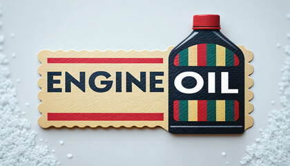 Engine Oil Label Design with Colorful Container Against White Background  