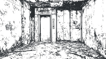 Abandoned and decayed interior room with a broken elevator door in a deteriorated building environment © vadymstock