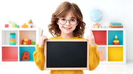 Young Girl Holding Empty Blackboard in Classroom Setting