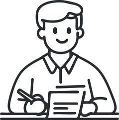 Line art illustration of a man sitting at a desk writing on a paper with a pen, smiling.