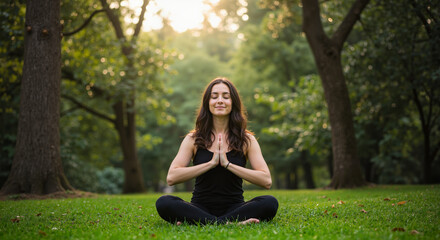 Woman practicing yoga in a serene park at sunset  