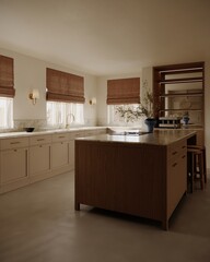 Kitchen room interior with island in brown mocha mousse color with modern decoration.  3D rendering