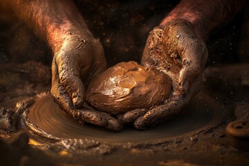 Fototapeta premium Muddy hands shaping a clay ball on a spinning wheel, showcasing the artistry of pottery.