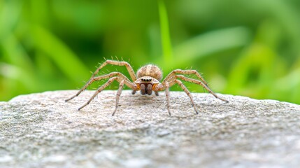 Close-Up of a Brown Spider on Gray Stone with Green Background