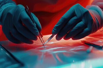 Gloved hands carefully collect evidence using tweezers and a syringe from a red surface, possibly a crime scene investigation.