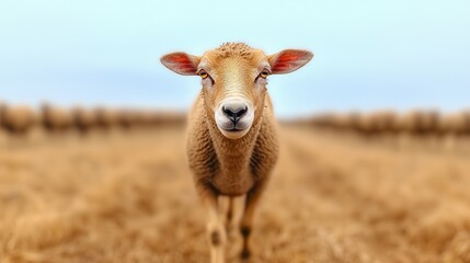 Cute Sheep Standing in a Golden Field Under Blue Sky