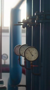 Pipeline transporting hot steam with pressure meters in mechanical room. Building central heating system with safe equipment and controllers