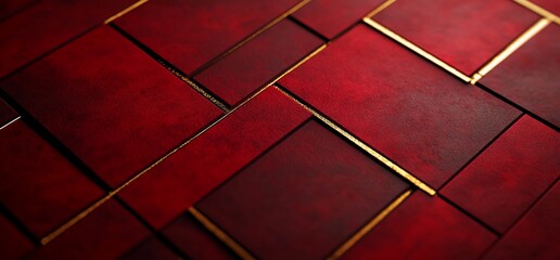 Geometric composition of red textured squares with golden lines backdrop