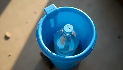 Top view of blue toy trashcan and empty plastic bottle