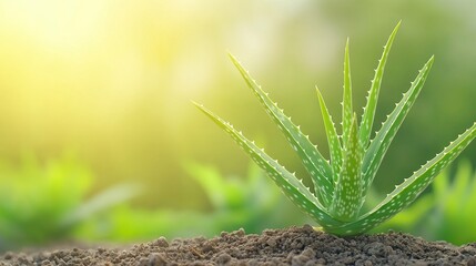 Fresh Aloe Vera Plant Growing in Soil Under Bright Natural Light