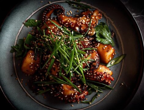 Close-up overhead of gourmet octopus dish with herbs and sauce · Ideal for fine dining visuals, seafood menus, or culinary branding