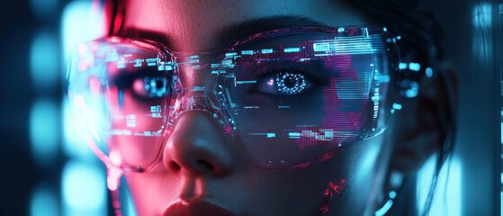 Futuristic woman wearing digital glasses in neon light