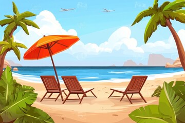 Naklejka premium Tropical beach scene with lounge chairs and umbrella