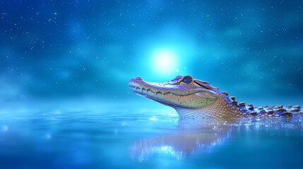 Crocodile Emerging from Serene Water Under Starry Night Sky