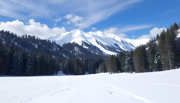 Majestic snow-capped mountains rise above a pristine snowy valley, creating a breathtaking winter landscape under a bright blue sky.