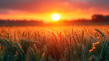 Fototapeta premium wheat agriculture close-up with dew-covered stalks and sunrise behind