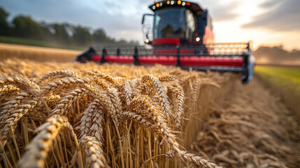 wheat stalks close-up with blurred combine harvester in background