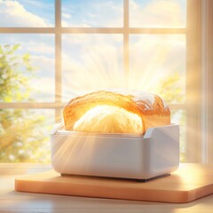 Freshly Toasted Bread in Modern Toaster with Warm Sunlight Background