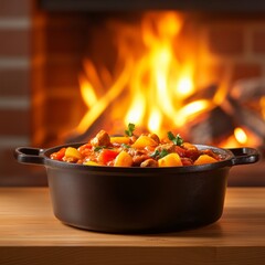 Hearty Vegetable Stew in a Black Pot Sitting by a Cozy Fire