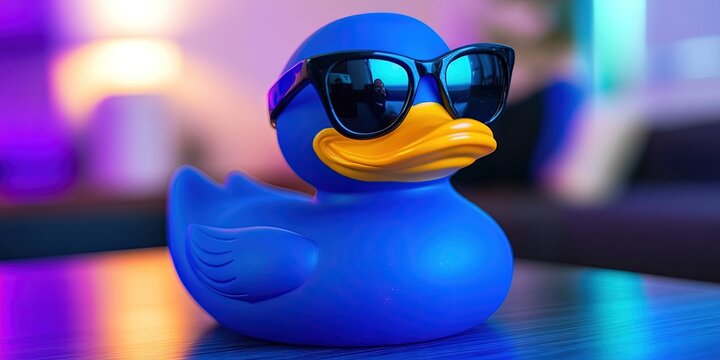 photo of blue rubber duck wearing sunglasses 