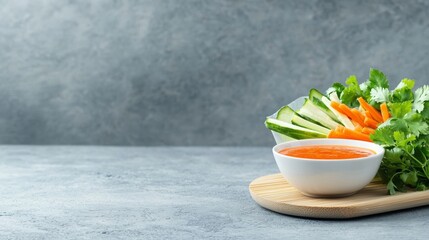 Fresh Vegetables and Dipping Sauce on a Wooden Board in a Kitchen