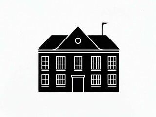 Fototapeta premium black modern building icon with windows, minimalist house illustration with flag, simple architectural school or office symbol, estate, design, sketch, outline, shape, vector, roof