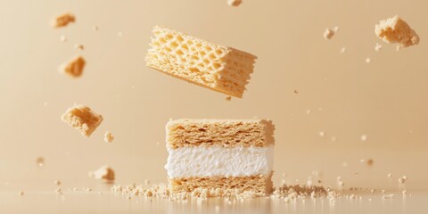 Luxurious ice cream sandwich with wafer crumbs elegant background