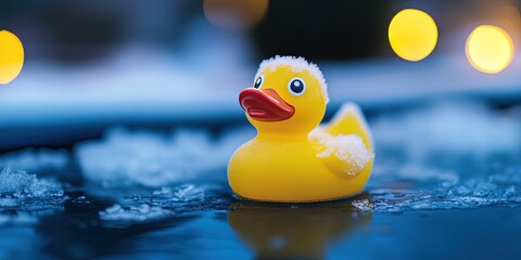 frozen rubber duck on icy waters