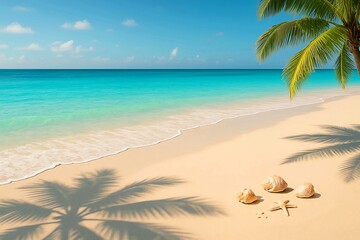 Naklejka premium A peaceful beach scene with gentle waves, soft natural light, and clear skies. Calm coastal atmosphere perfect for travel, relaxation, and nature themes.