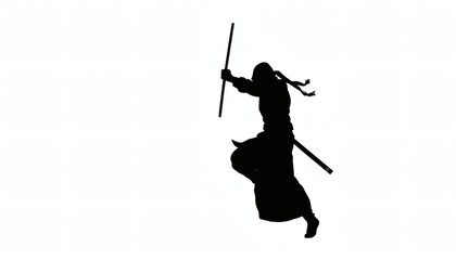 Stealthy Silhouette of Ninja in Action Pose on Empty White Canvas for Martial Arts and Adventure Designs