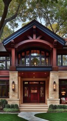 Stunning Craftsman-style home with a grand wooden entrance, stone facade, and inviting pathway. Warm tones and detailed architecture create a welcoming impression