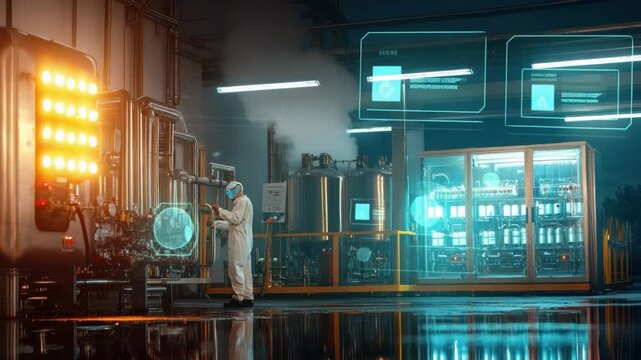 The Future of Engineering: A lone engineer meticulously monitors an advanced industrial machine in a futuristic, high-tech setting, highlighting innovation, precision.