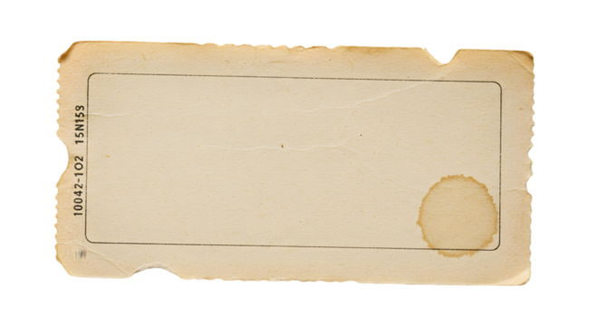 Aged Vintage Ticket Stub Blank Template for Design Projects, Antique Paper Texture, Grunge Background