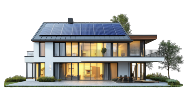 Modern energy-efficient house featuring solar panels on the roof. large glass windows. and a landscaped garden. showcasing a sustainable lifestyle in a serene suburban setting