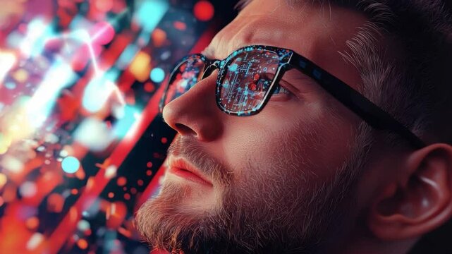 Visionary Gaze: A person wearing stylish glasses with technological details reflecting in the lenses, their eyes fixated on an abstract, futuristic background.