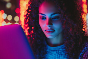 Generative AI Person Working with Laptop in Neon Lights Futuristic Cafe