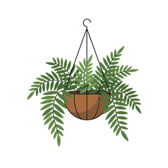 Simple vector illustration of a fern in a hanging brown pot with green fronds isolated on white background, concept for interior design, home decor, and plant lovers