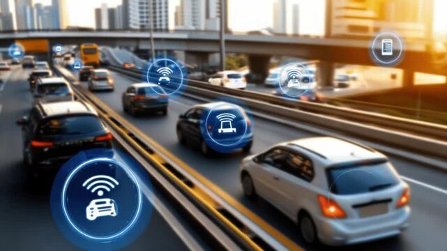 Connected Cars: A futuristic view of a busy highway showcases the intelligent systems of interconnected automobiles, communicating seamlessly for enhanced traffic flow and safety.