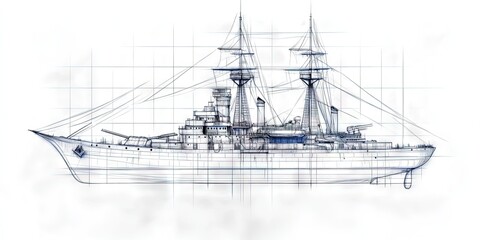schematic of large edwardian frigate, fantasy, blueprint, construction, high detail, graphic novel art style 