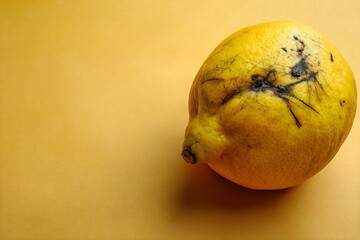 A bruised and damaged lemon against a solid yellow background