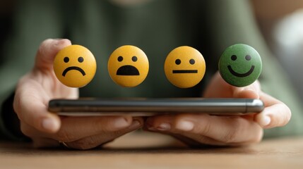 Hands holding a smartphone with emoticons displaying varying emotions