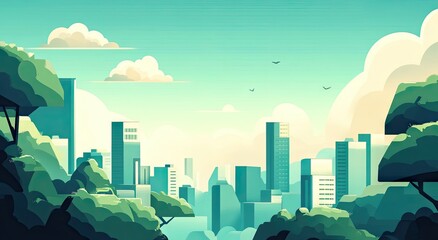 A vibrant cityscape nestled amongst lush greenery on a sunny day.