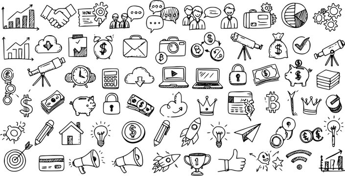 Hand-Drawn Business Finance and Startup Icons: Doodle Set for Web & Programing