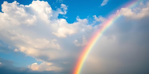 Fototapeta premium Vibrant rainbow arcing across a partly cloudy blue sky , art, daylight