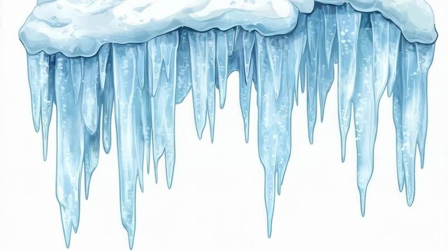 Illustration of frozen water formations featuring snow and many transparent icicles hanging down, isolated on a white backdrop, winter element.