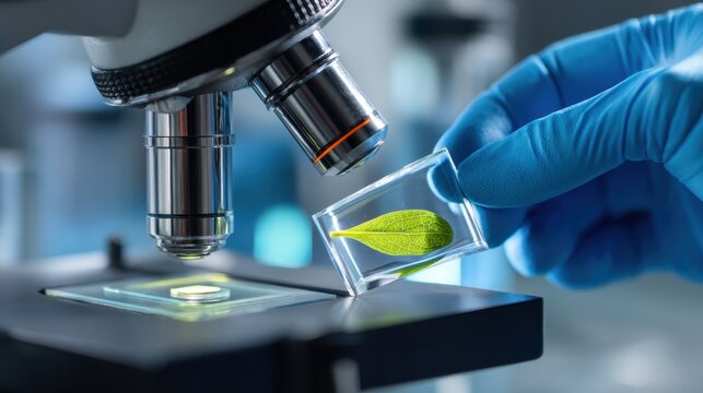 Scientist Examining a Leaf Sample Under a Microscope